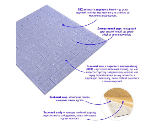 3D самоклеюча панель "Цегла" світло-фіолетова 700х770х5мм (015-5) SW-00000083