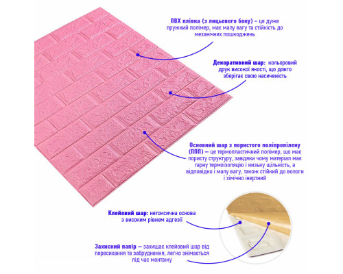 3D панель самоклеюча цегла Рожевий 700х770х5мм (004-5) SW-00000143