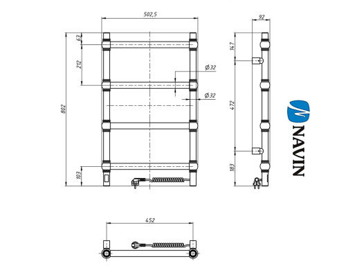 Сушка для рушників Електро Navin Retro 50*80 Sensor, таймер, Чорний муар Правий, (нерж.сталь) Україна
