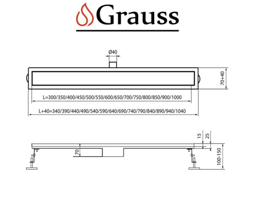 Душовий трап з нержавіючої сталі SUS304 FD08-70x500-GLASS BLACK (Чорний), Grauss Чехія.