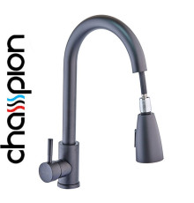 Смеситель для кухни с выдвижной лейкой чёрный гусак Champion NEO-014 Black, SUS304 из нержавеющей стали