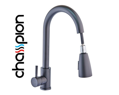 Смеситель для кухни с выдвижной лейкой чёрный гусак Champion NEO-014 Black, SUS304 из нержавеющей стали