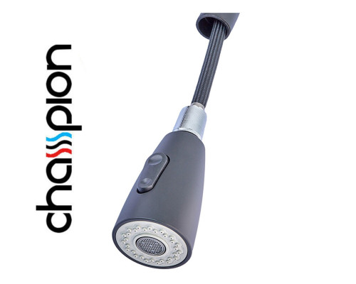 Смеситель для кухни с выдвижной лейкой чёрный гусак Champion NEO-014 Black, SUS304 из нержавеющей стали