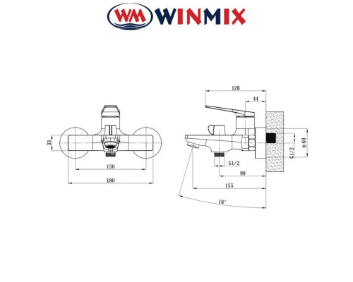 Змішувач для ванни короткий ніс Winmix Premium RUBENS Euro (Chr-009), Польща