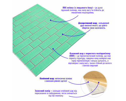 Панель стеновая 70*70cm*5mm зелёный кирпич с серебром (D) SW-00001803