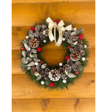Венок новогодний шишки + бантик 45 см