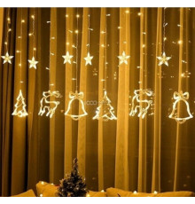 Гирлянда штора Звёзды,елочки,олени,колокольчики (12 фигурок) 3х1 м золото ,с переходником